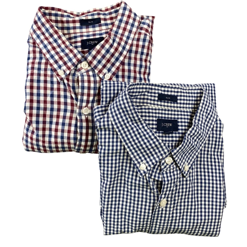 J Crew Mens Large Slim Fit Gingham Shirt Lot of 2 Blue Burgundy Cotton 49208